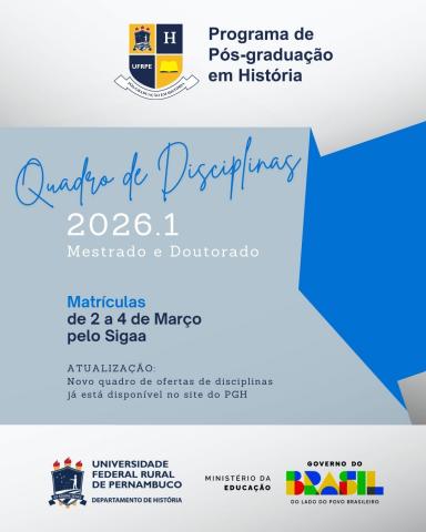 Atualização do Quadro de Disciplinas ofertadas para o semestre 2026.1